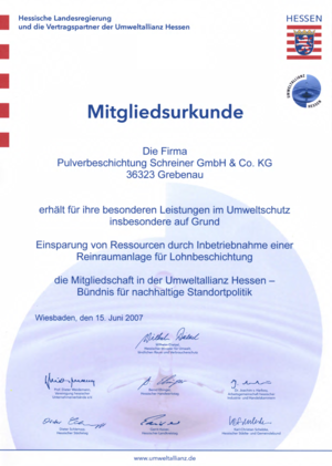 Mitgliedsurkunde Umweltallianz Hessen